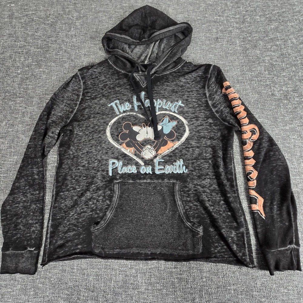 Disney Parks Disneyland Happiest Place on Earth Distressed Hoodie Women M Gray